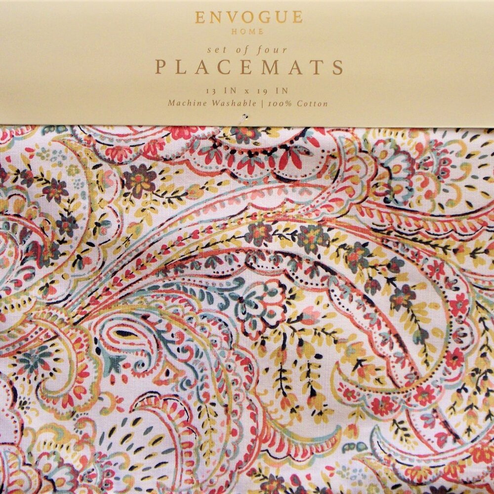 Envogue Set of 4 Paisley Cotton Placemats Peach Green Gold White NWT 13"x19"